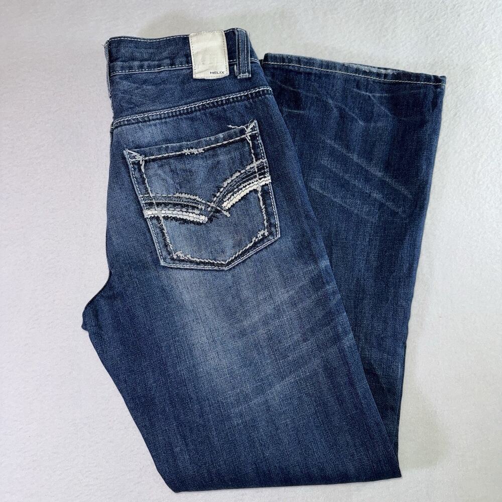 Helix Jeans Men's (28.5x30) Relaxed Bootcut Blue Jeans Embroidered Pockets Y2K